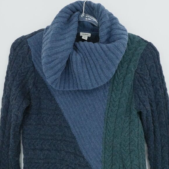 LL Bean Womens Medium Blue Wool Blend Sweater Cable Knit Cowl Neck Asymmetric - Picture 6 of 14